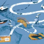 Ilustración sobre la externalización de fronteras: patrulleras, helicópteros, drones y una barca neumática en el mar