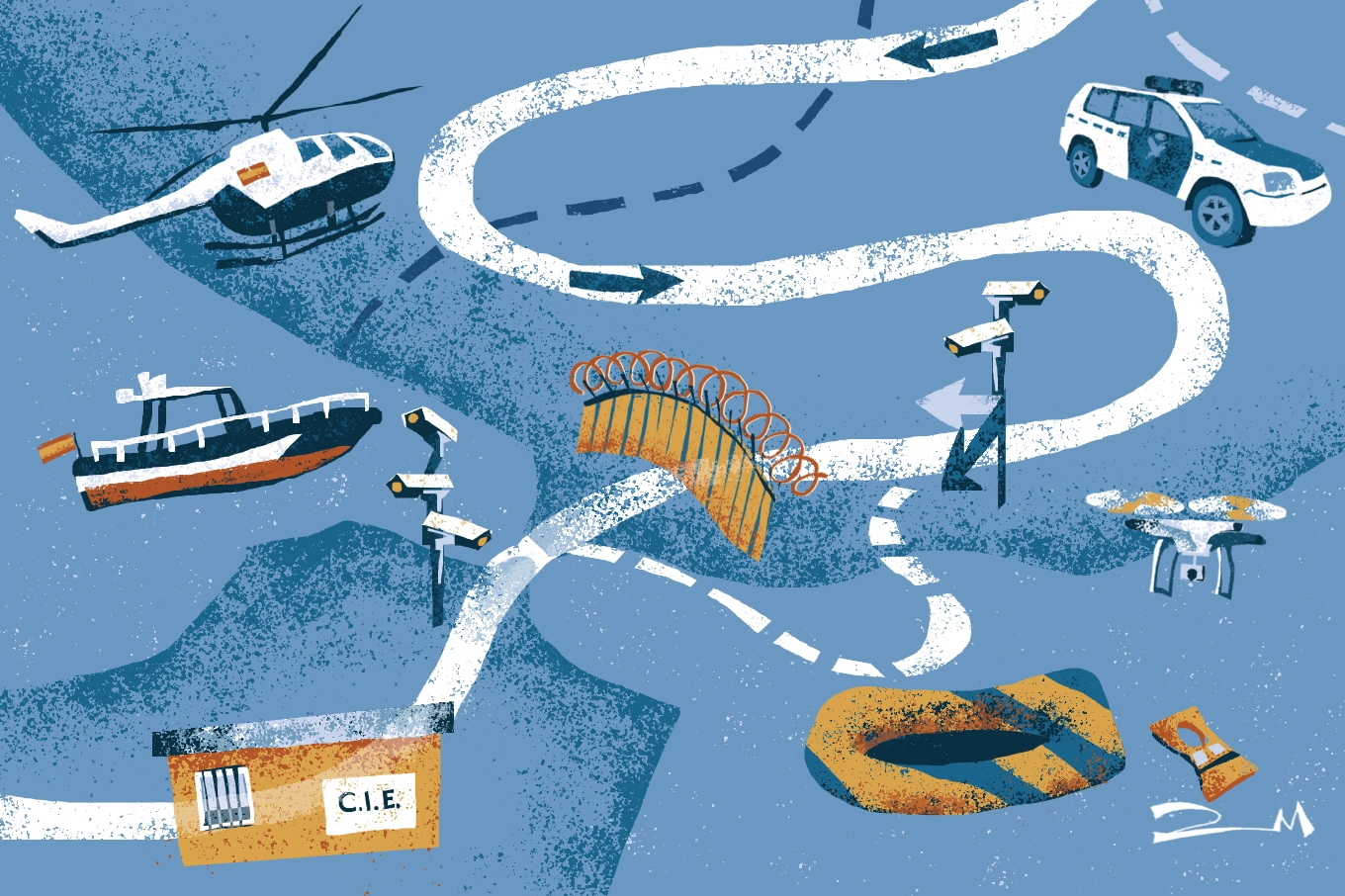 Ilustración sobre la externalización de fronteras: patrulleras, helicópteros, drones y una barca neumática en el mar